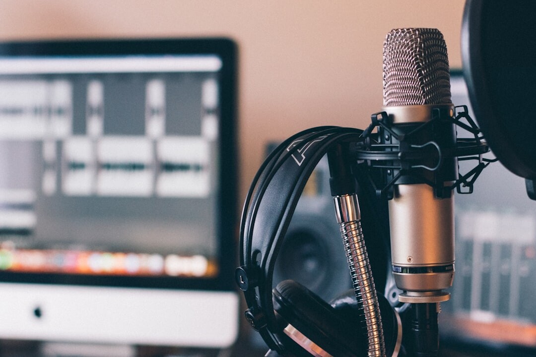 Podcast recording session with microphone and pop filter